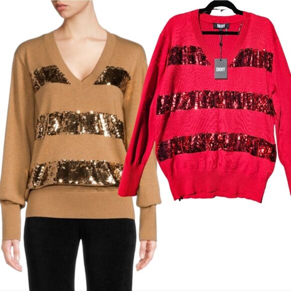 DKNY Red V Neck‎ Sequin Blouson Christmas Sweater NWT Large - Picture 1 of 9